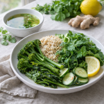 Assiette printanière inspirée de la médecine chinoise avec légumes verts, herbes fraîches, bouillon léger et touche citronnée, ambiance lumineuse de début de printemps