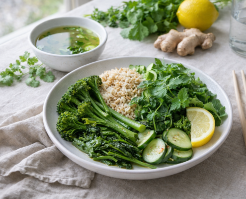 Assiette printanière inspirée de la médecine chinoise avec légumes verts, herbes fraîches, bouillon léger et touche citronnée, ambiance lumineuse de début de printemps