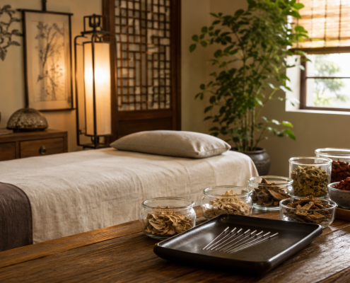 Cabinet apaisant de médecine chinoise avec table de soin, plantes et ambiance bien-être naturelle